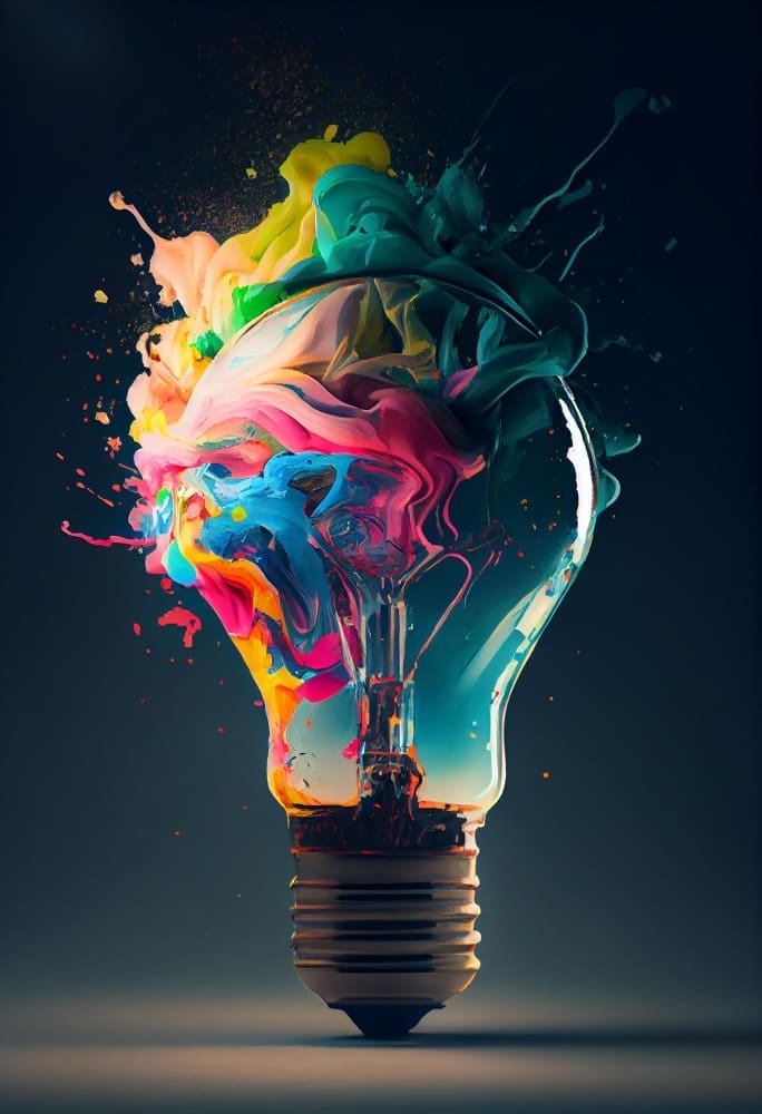 A lightbulb with a colorful cloud bursting out, representing creative ideas.